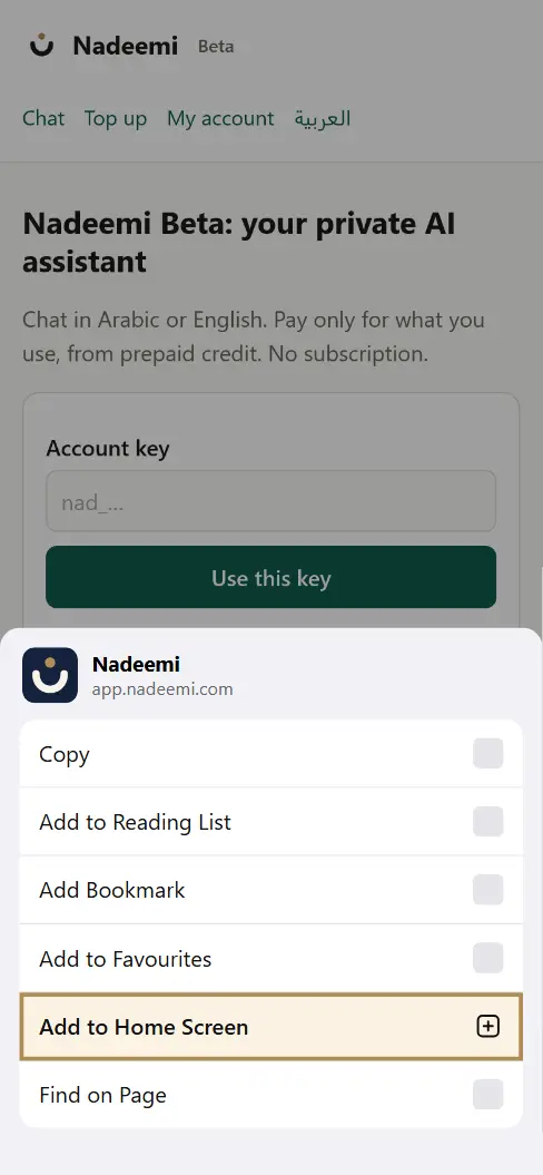The Share menu over Nadeemi, with Add to Home Screen highlighted