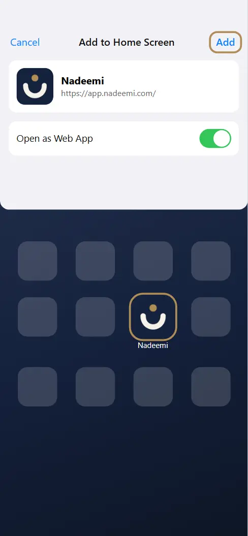The Add to Home Screen screen with Open as Web App switched on, and the Nadeemi icon on the Home Screen